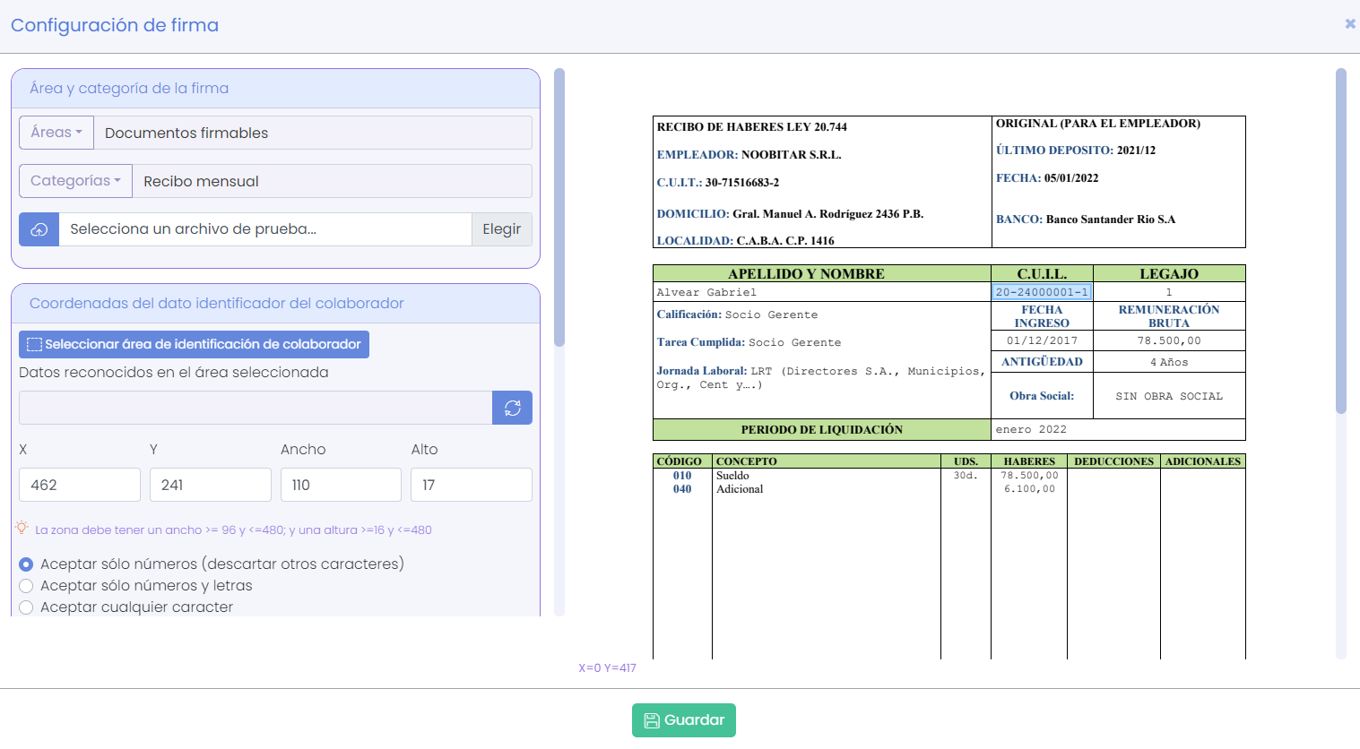 Pantalla de nueva configuración de firma