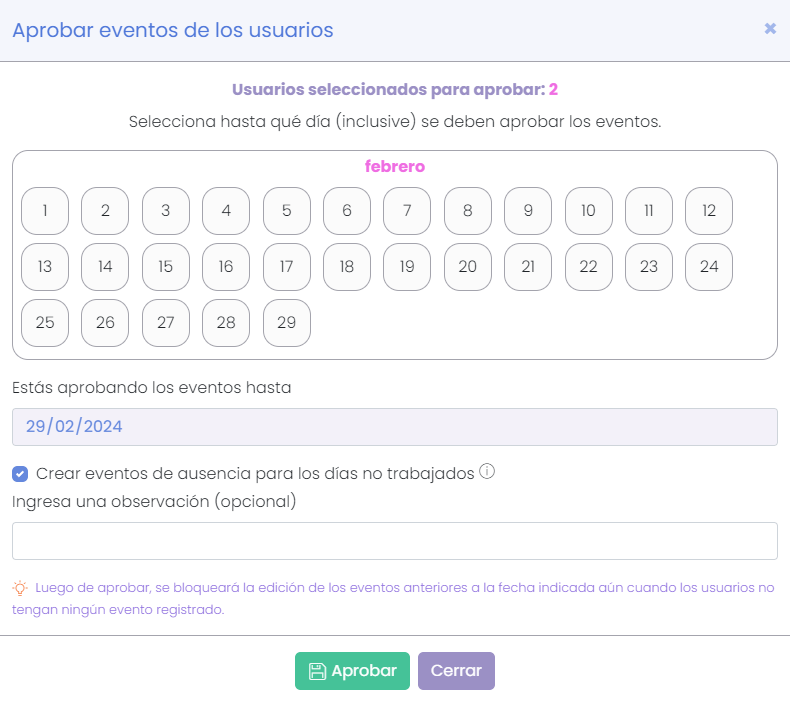 Pantalla de aprobación de eventos