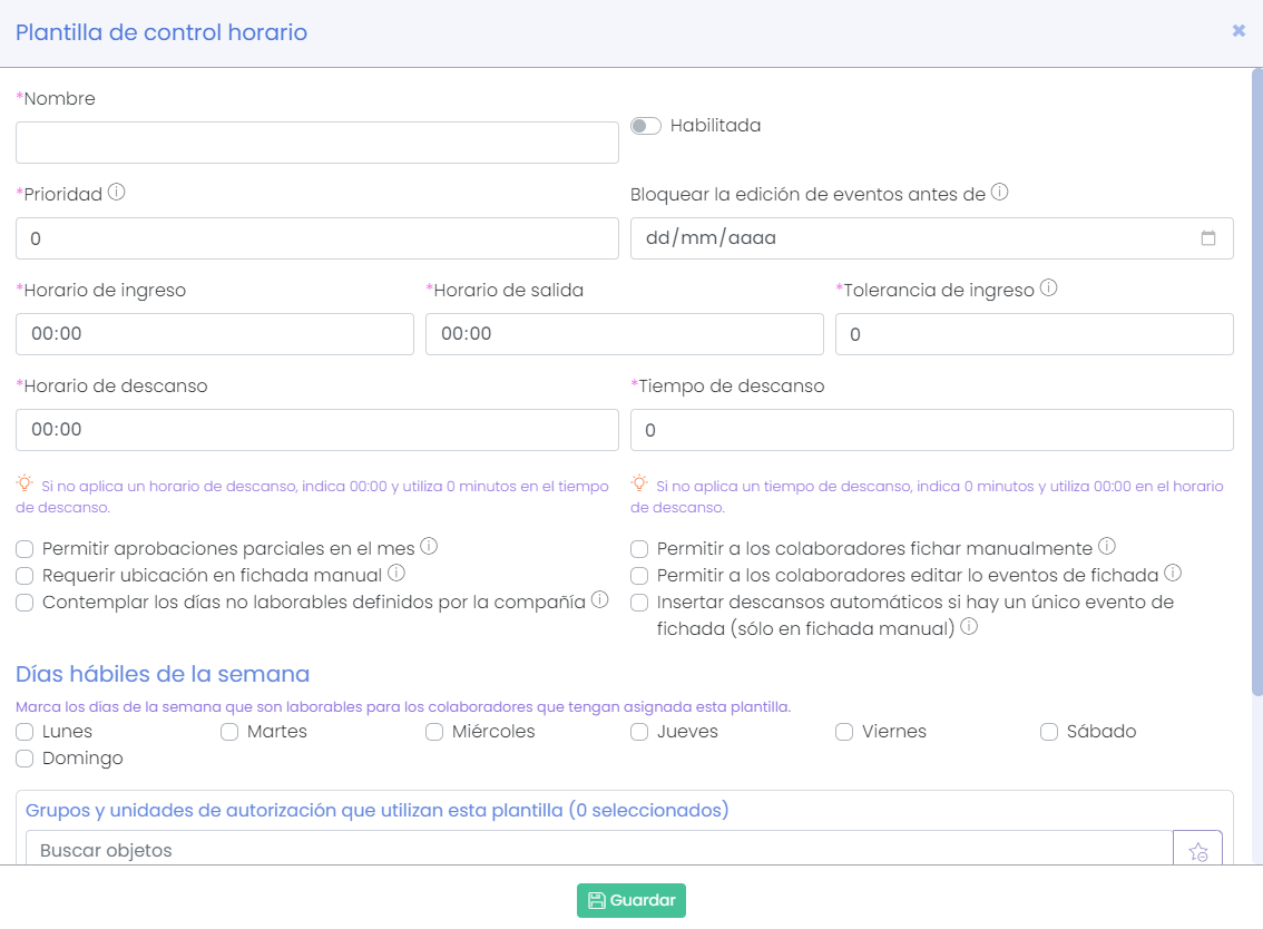 Nueva plantilla con valores predeterminados