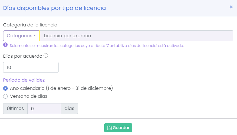 Días disponibles por tipo de licencia