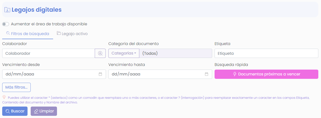 Pantalla de consulta de legajos de los colaboradores