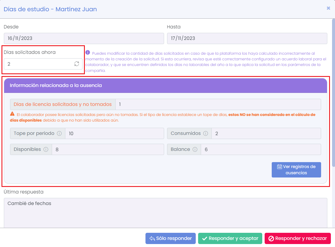 Respuesta a la solicitud de ausencias
